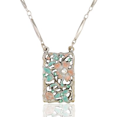 Green & Peach Art Nouveau Garden Crystal Flower Necklace