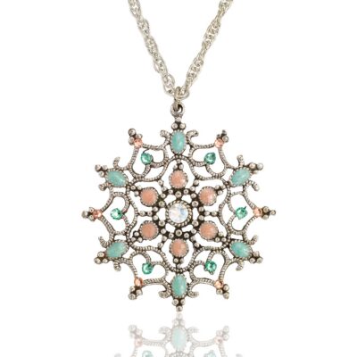 Floral Grean & Peach Medallion Crystal Long Length Necklace