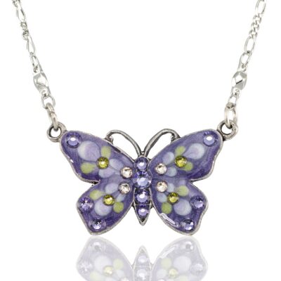 Blooming Violet Mist Butterfly Garden Crystal Necklace