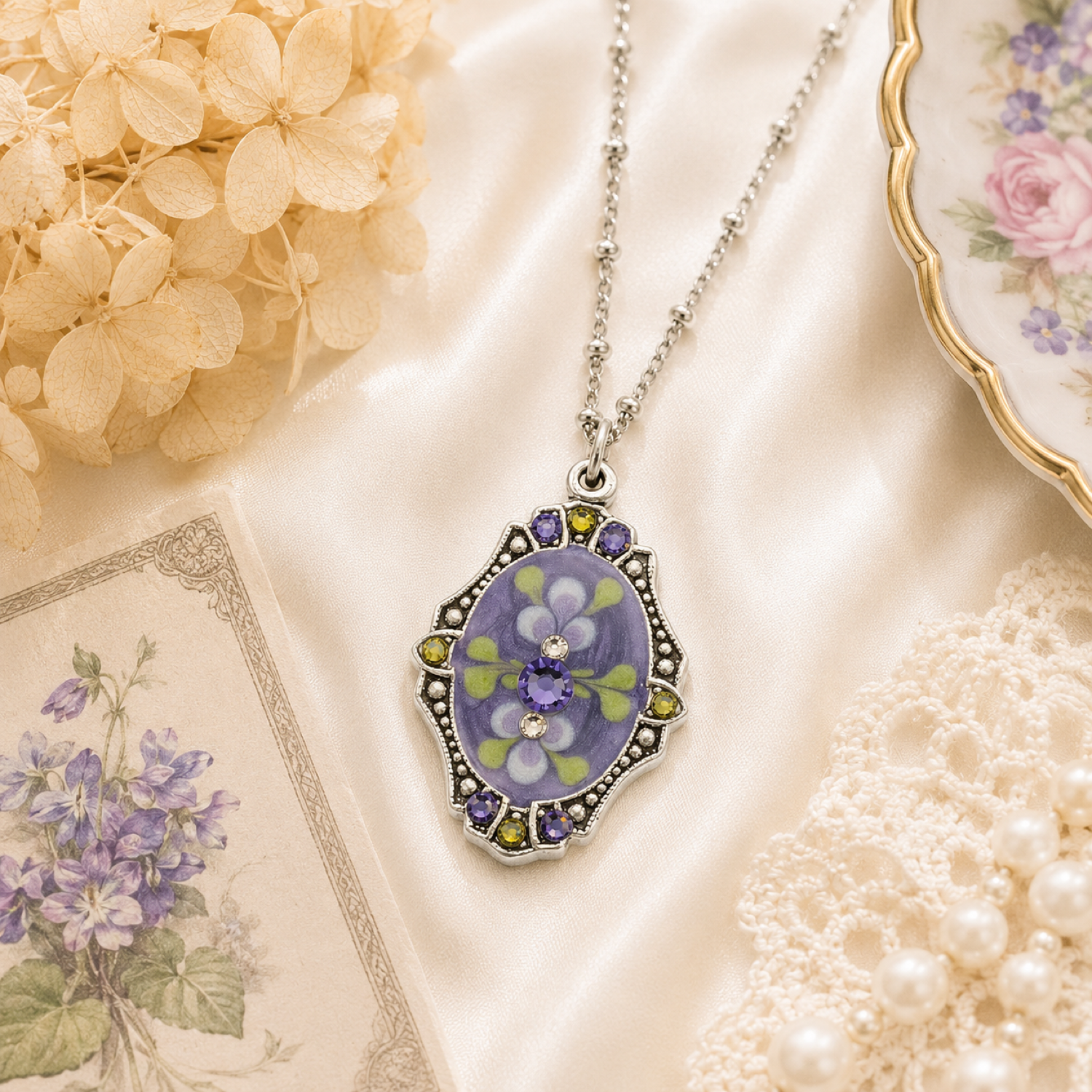 Vintage Inspired Violet Mist Garden Bloom Crystal Necklace - Image 2