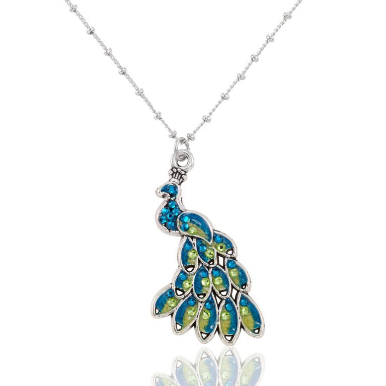 Majestic Peacock Blue & Green Tail Feather Crystal Necklace