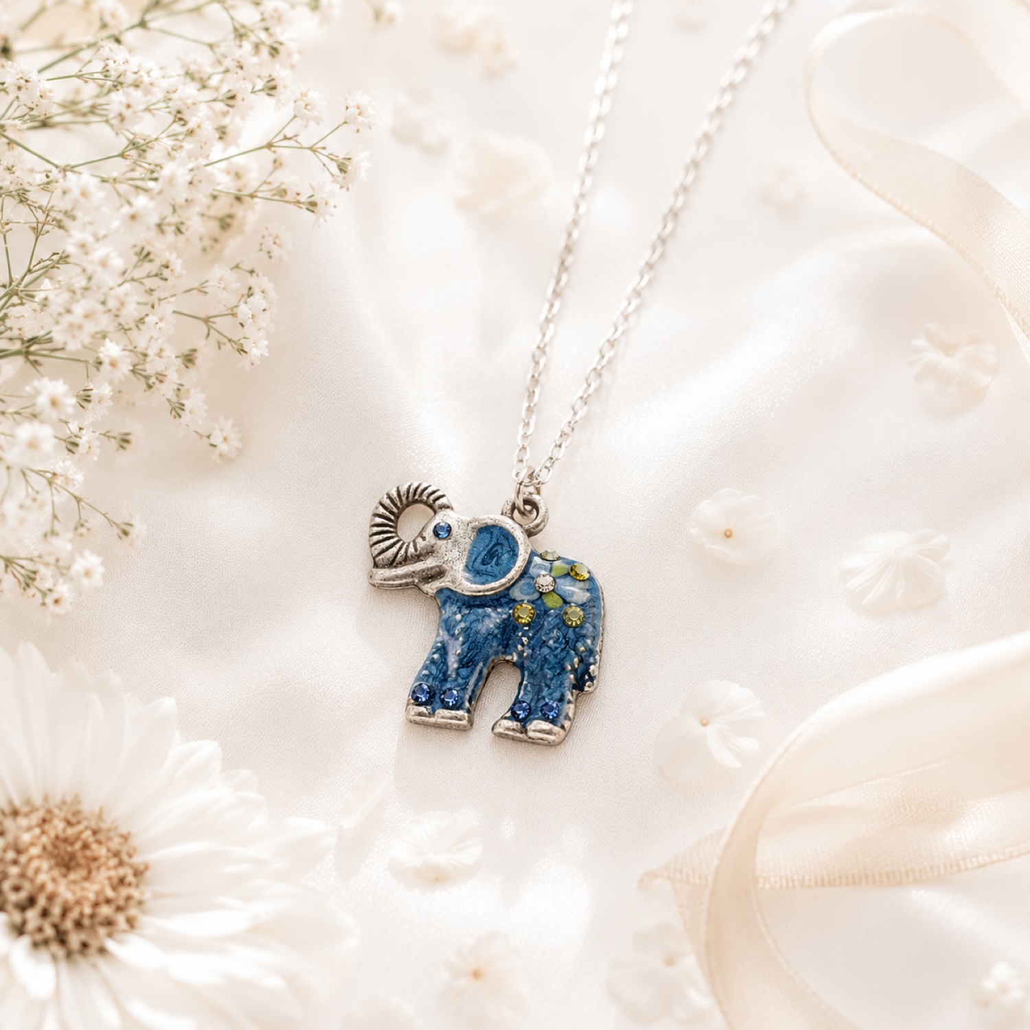 Boho Blue Willow Blossom Elephant Blessing Crystal Necklace - Image 2