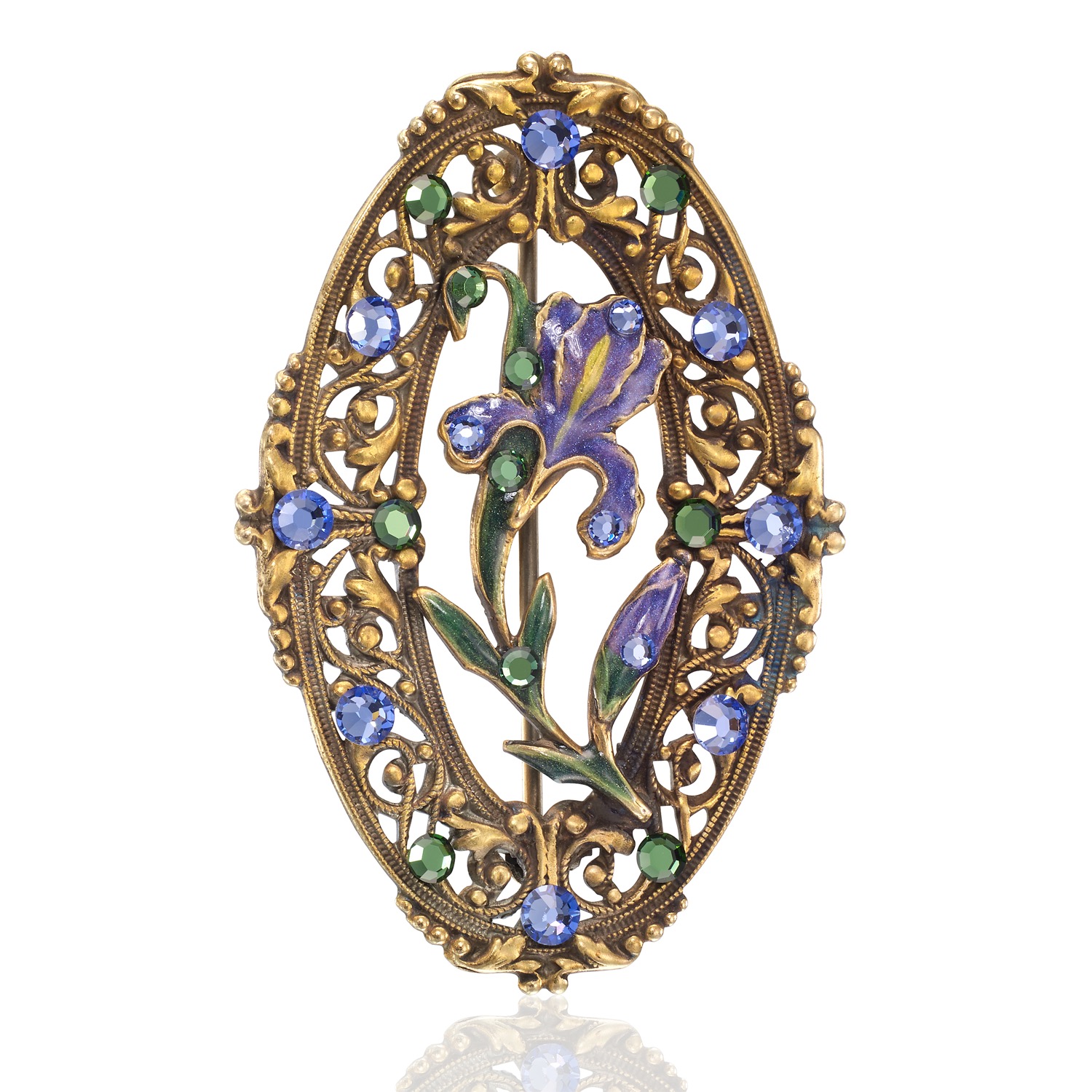 Blue Violet Flowering Devotion Iris Crystal Brooch
