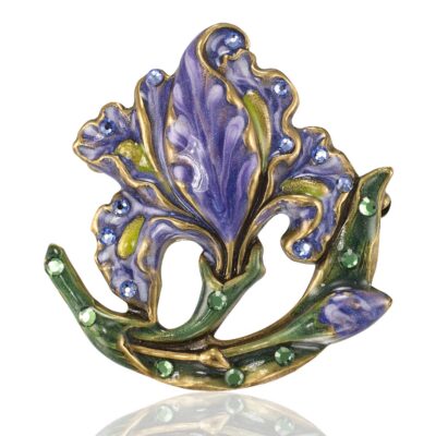 Loyal Blue Violet Iris Flower Stem Crystal Brooch