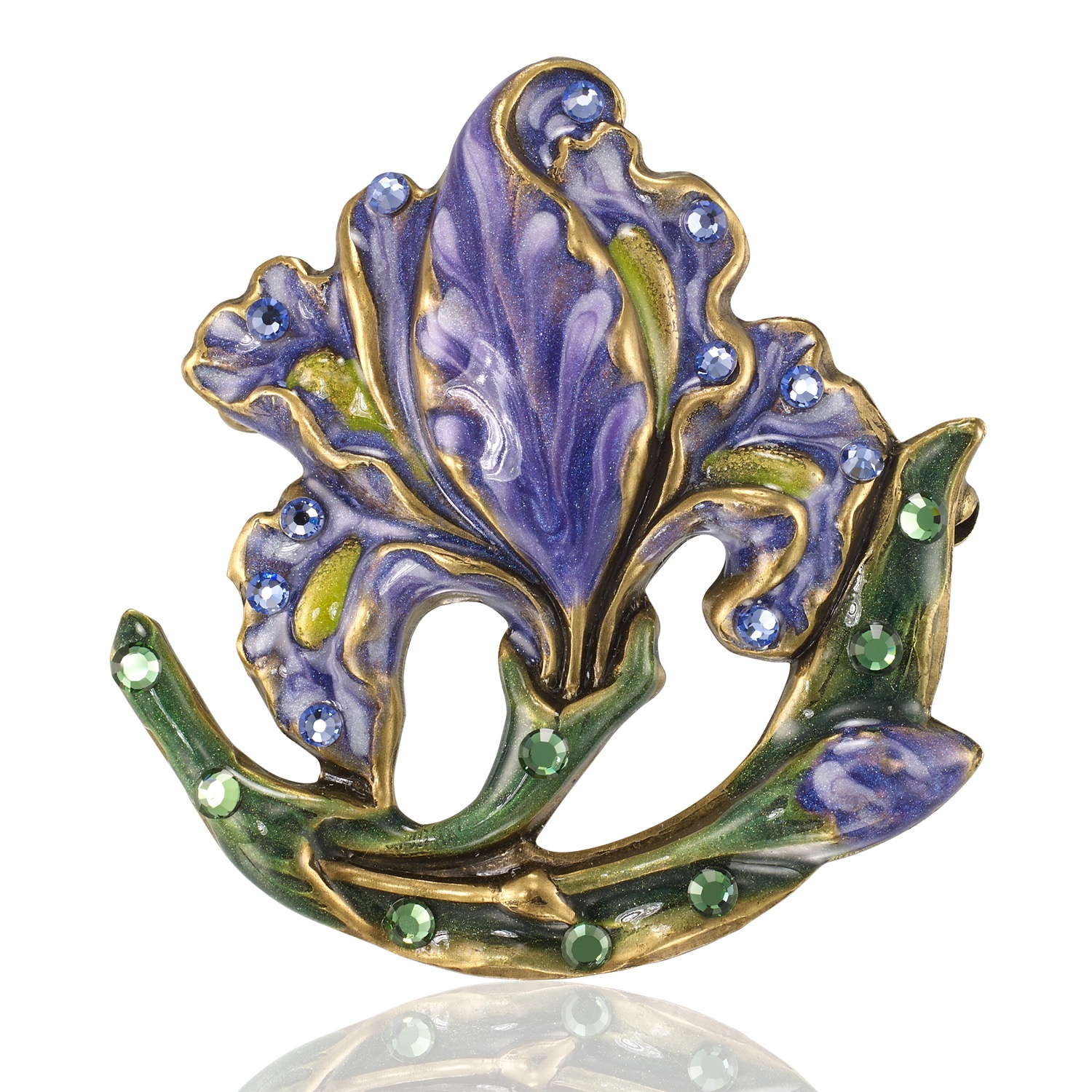 Loyal Blue Violet Iris Flower Stem Crystal Brooch