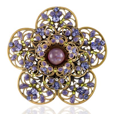 Filigree Flower Violet Mist Garden Bloom Crystal Brooch